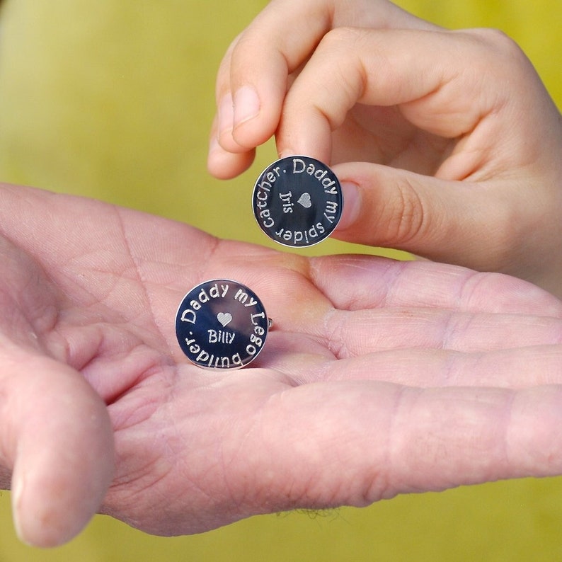 Personalised Unique Dad Cufflinks, Dad Gift from Kids, Engraved Round Silver Cufflinks, Dad my Hero Gift, Child to Dad Gift for Fathers Day image 1