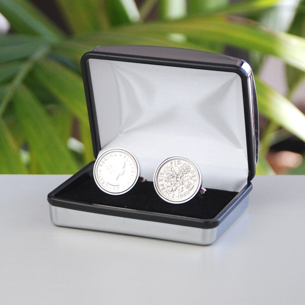 Personalised Boxed Lucky Sixpence Cufflinks, Choose the Year 1947 to 1967, Lucky Token, Good luck Gift, 60th, 70th Birthday Gift for Him