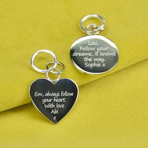 Personalised Silver Heart Disc, Engraved Rhodium Bag Charm, Message Disc, Charm for Bag or Jewellery, Personalised Gift Tag, Handbag Charm