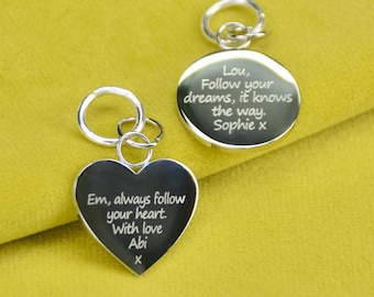Personalised Silver Heart Disc, Engraved Rhodium Bag Charm, Message Disc, Charm for Bag or Jewellery, Personalised Gift Tag, Handbag Charm