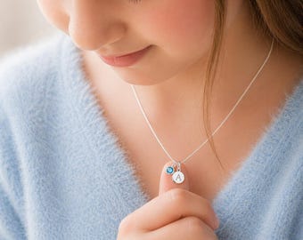 Girls Sterling Silver Initial Birthstone Necklace, Personalised letter Charm Pendant