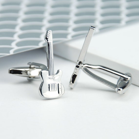 Black Electric Guitar Design Cufflinks with Personalised Engraved Chrome Case