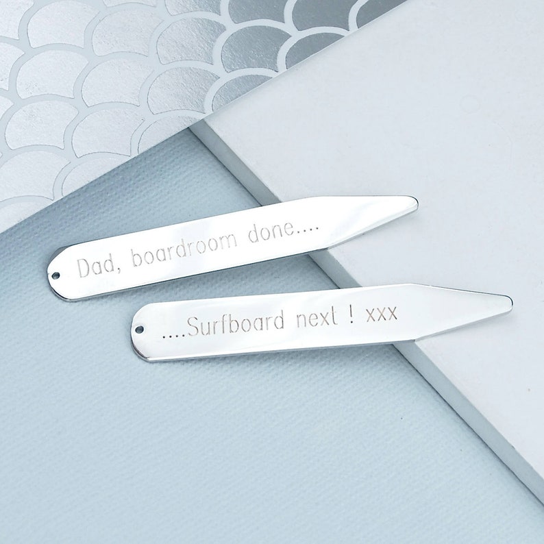 Personalised Silver Collar Stiffeners, Collar Stays, Custom Gift for Men, Engraved Collar Stiffeners, Fathers Day Gift, Groomsmen Accessory image 1