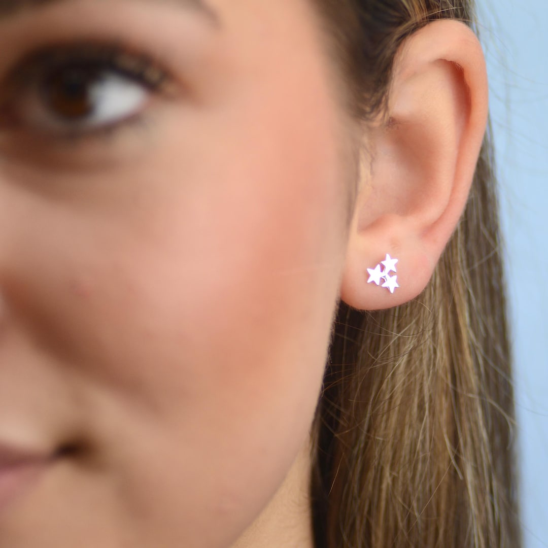 【mimi】TripleArrow Star Earring Curved Sterling Silver Mini Triple Star Cluster Stud Earrings, Star