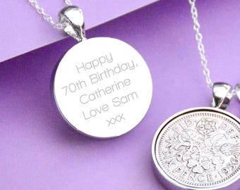 Personalised 1956 Sixpence Necklace, Engraved Lucky Coin Pendant, 70th Birthday Keepsake Jewellery