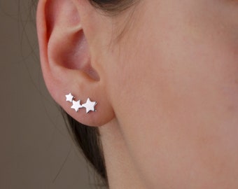 Sterling Silver Triple Star Ear Climbers, Celestial Star Studs