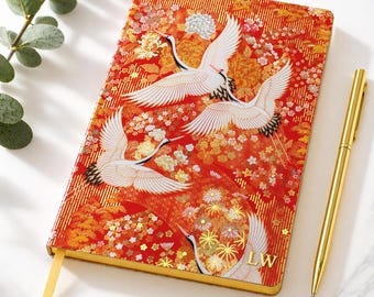 Monogram Cranes A5 Journal Notebook, Bird Lover Notebook, Lined Note Pad, Personalised Note Book for Her, Nature Lover Gift, Custom Notebook