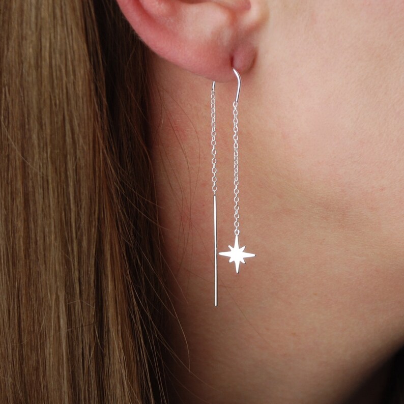 Shining Star Threader Earrings, Shining Star Drops, Sterling Silver Threader, Lunar Themed Celestial Jewellery, Christmas Star Gift for Her image 3