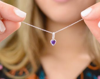 Heart Birthstone Necklace, Dainty Birthstone Pendant, Birthday Gift for Her