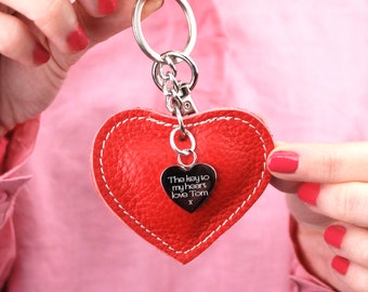 Personalised Key to My Heart Leather Keyring • Custom Lovers Heart Charm Key Chain • Love Token Key Fob • Anniversary Gift • New Home Gift