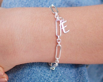 Personalised Silver Initial Charm Link Bracelet, Script Initial Letter Charm Bracelet, Keepsake Gift, Paperclip chain link bracelet,
