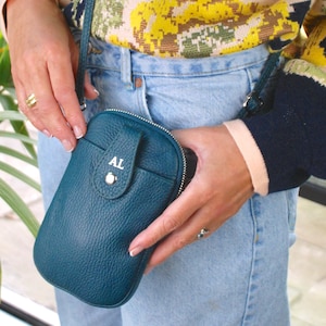 Monogram Leather Crossbody Phone Pouch, Crossbody Phone Purse, Leather Phone Bag, Small Phone Bag, Personalised Crossbody Phone Bag