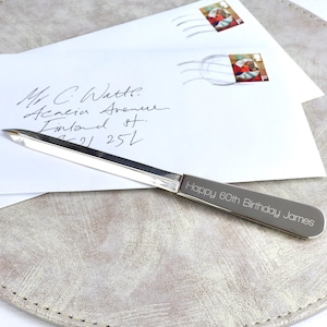 Personalised Slim Silver Letter Opener, Engraved Small Letter Opener, Custom Men&#39;s Gift, First Anniversary Paper Knife, 60th Birthday Gift