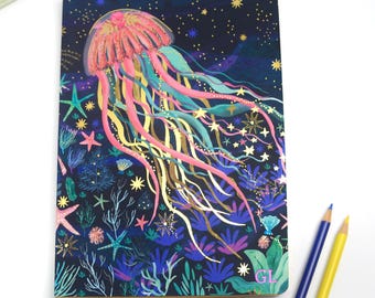 Monogram Jellyfish A5 Journal Notebook, Lined Journal with Monogram Initials, Personalised Ocean Themed Note Pad, Monogram Notebook and Box