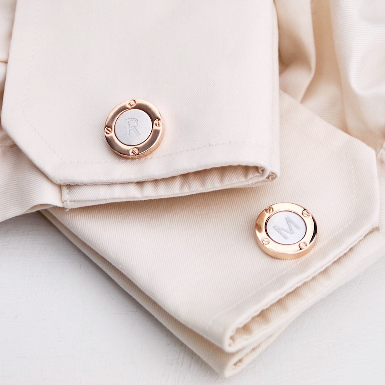 Bespoke Monogrammed Porthole Initial Cufflinks, Personalised Rose Gold and Silver Letter Cuff links, Alphabet Initial Wedding Cufflinks, image 1