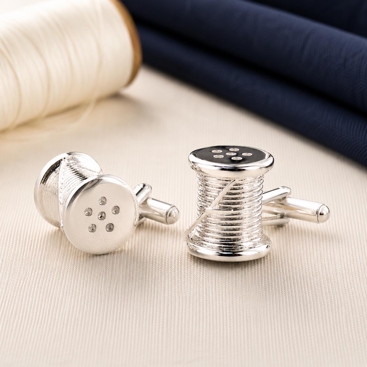 Personalised Cotton Reel Cufflinks, Engraved 2nd Anniversary Gift
