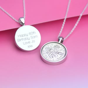 Personalised 1965 Sixpence Necklace, Silver Lucky Coin Pendant, 60th Birthday Gift for Her, Engraved Keepsake Jewellery, 60th Gift for Mum