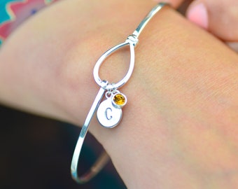 Personalised Sterling Silver Knot Bangle, Silver Bangle with initial charm and birthstone, Custom Silver Bracelet, Silver Birthstone Bangle