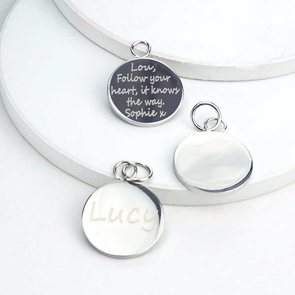 Personalised Silver Circle Disc, Engraved Charm, Bag Charm, Message Disc, Disc for Bag or Jewellery, Custom Heart Gift Tag, Golf Bag Charm