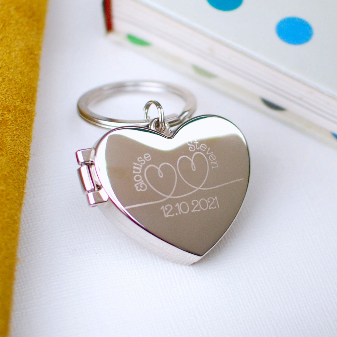 Personalised Heart Locket Keyring Engraved Silver Key Ring Etsy