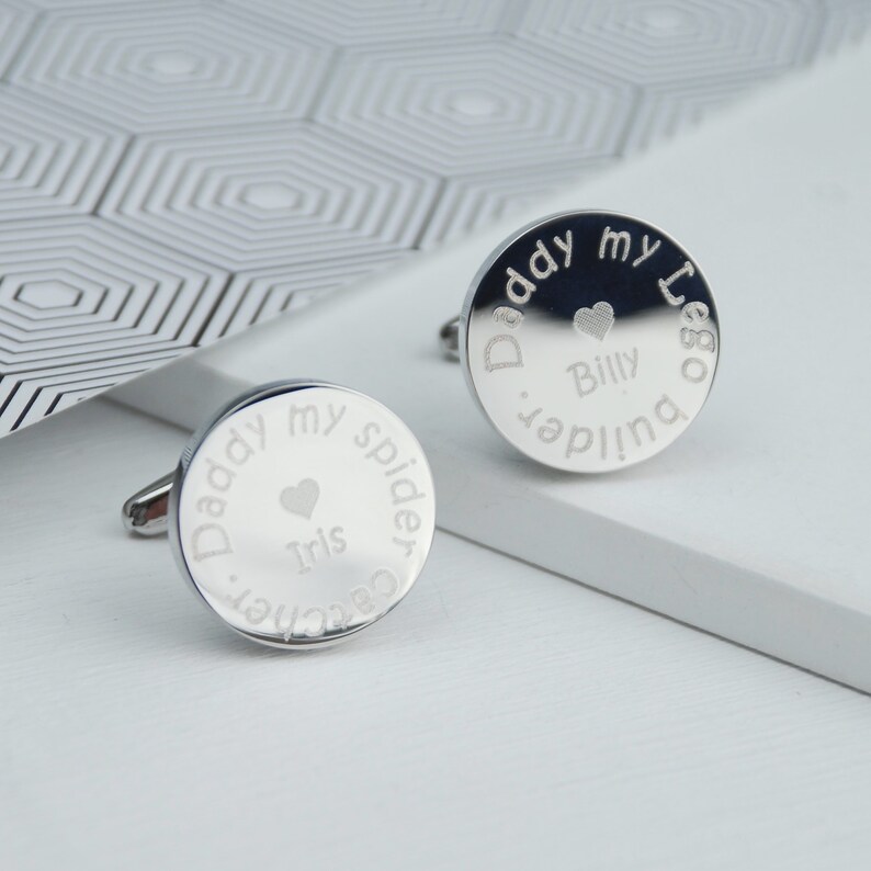 Personalised Unique Dad Cufflinks, Dad Gift from Kids, Engraved Round Silver Cufflinks, Dad my Hero Gift, Child to Dad Gift for Fathers Day image 3