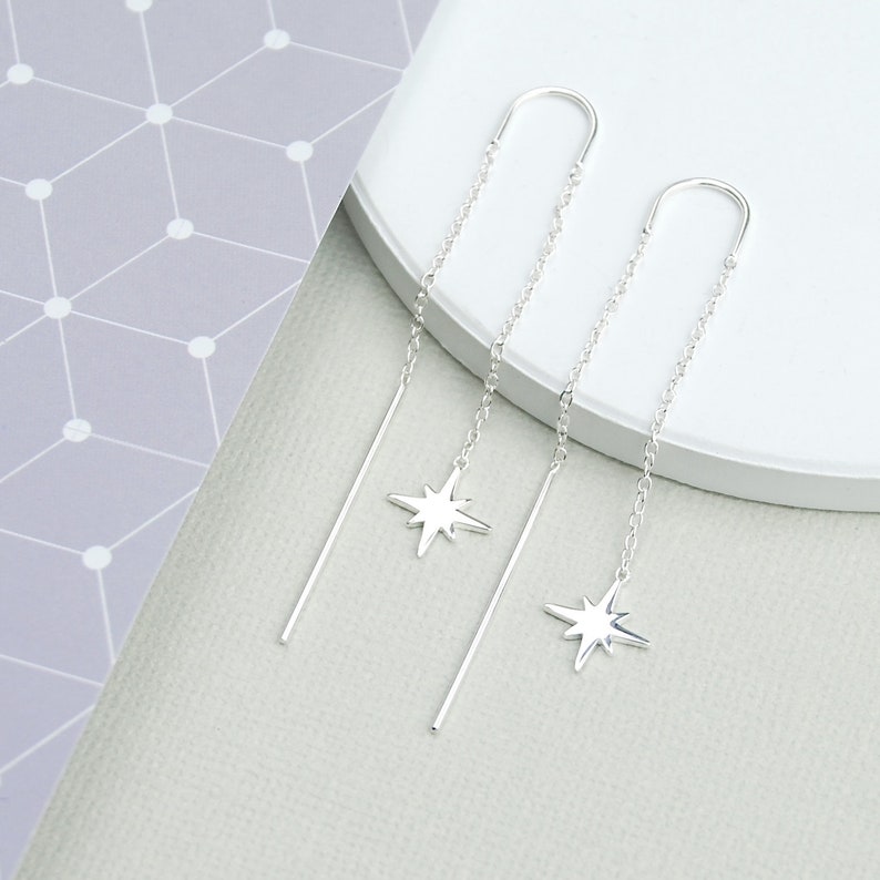 Shining Star Threader Earrings, Shining Star Drops, Sterling Silver Threader, Lunar Themed Celestial Jewellery, Christmas Star Gift for Her image 5