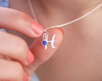 Bespoke Silver Script Initial and Birthstone Necklace, Sterling Silver Letter Necklace, Alphabet Pendant, Personalised Initial Jewellery