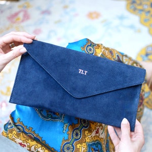 Monogrammed Suede Envelope Clutch - Navy Blue with silver foil initials