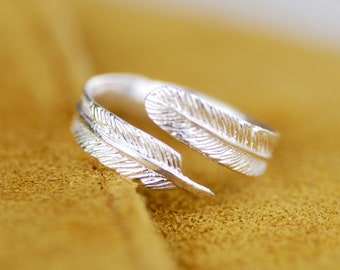 Anillo de envoltura de plumas de plata de ley, anillo de plumas ajustable, anillo de pulgar de plumas, joyería inspirada en la naturaleza, anillo de plumas de anillo de plata