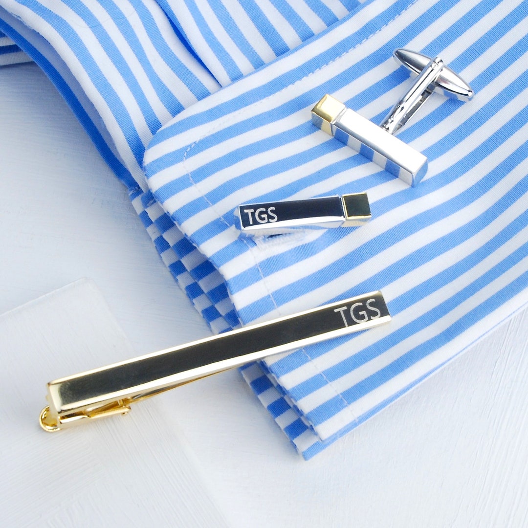 monogrammed tie clip and cufflinks