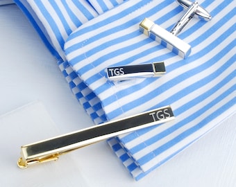 Personalised Tie Clip Cufflinks Set, Silver or Rose Gold Cufflinks, Wedding Cufflinks Set, Customised Best Man Groomsmen Gift, Bar Cufflinks