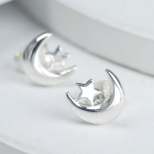 Small Moon Stud Earrings - Hypoallergenic 316L Surgical Steel, Silver, Boxed Gift