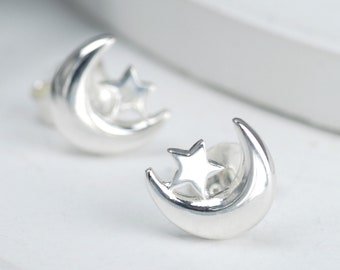 Sterling Silver Moon and Star Earrings, Crescent Moon and Star Studs, Lunar and Celestial Jewellery, All Silver Stud Earrings, Mothers Day