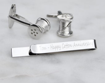 Personalised Cotton Anniversary, Engraved Tie slide and Cotton Reel Cufflink Set, Second Anniversary Gift for Him, Man Second Anniversary