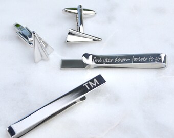 Personalised Paper Plane Cufflinks and Tie Slide Set - Custom First Anniversary Gift for Him