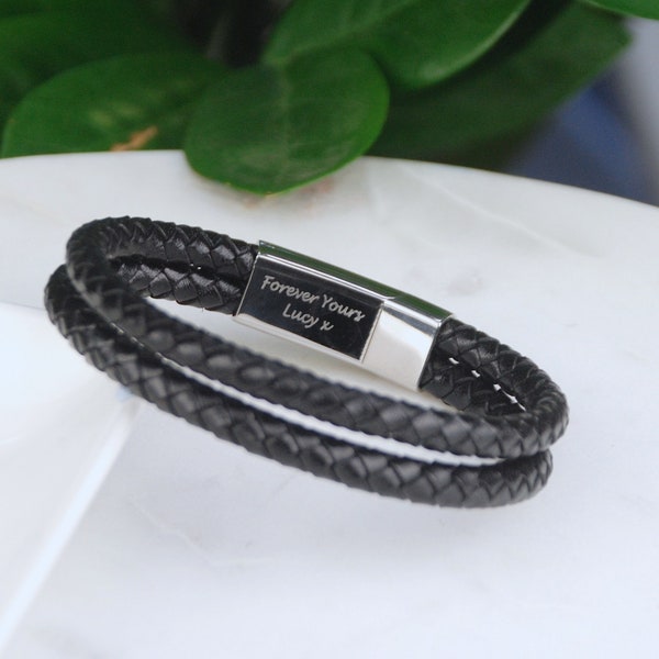 Personalised Men's Double Leather Plait Bracelet, Men's Bracelet with Secret Message, Man's Bracelet, Custom Bracelet Gift, Fathers Day Gift