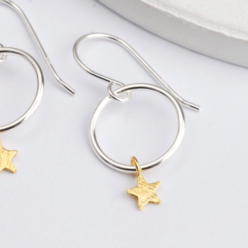 Tiny Silver Hoops with Gold Star Drops, Silver And Gold Star Drop Earrings, Gift for Friends, Gold and Silver Star Hoops, Letterbox Gift image 4
