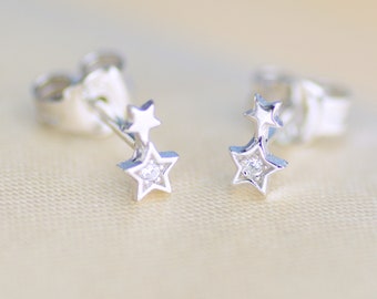 Sterling Silver And CZ Mini Double Star Stud Earrings, Tiny Two Star Studs, Celestial Jewellery, Christmas Star Stud, Stocking Filler Ideas