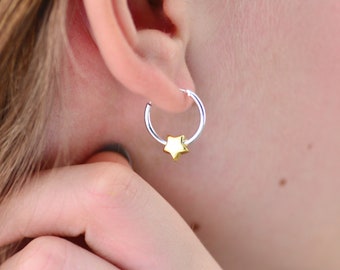 Gold Star Charm Huggie Hoop Earrings, Mixed Metal Star Hoop Earrings, Small Hoop with Star Charm, Mini Star Hoops, Celestial themed earrings