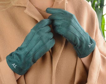 Personalised Faux Suede Ladies Gloves, Autumn Winter Colours, Custom Monogram Boxed Gift for Her