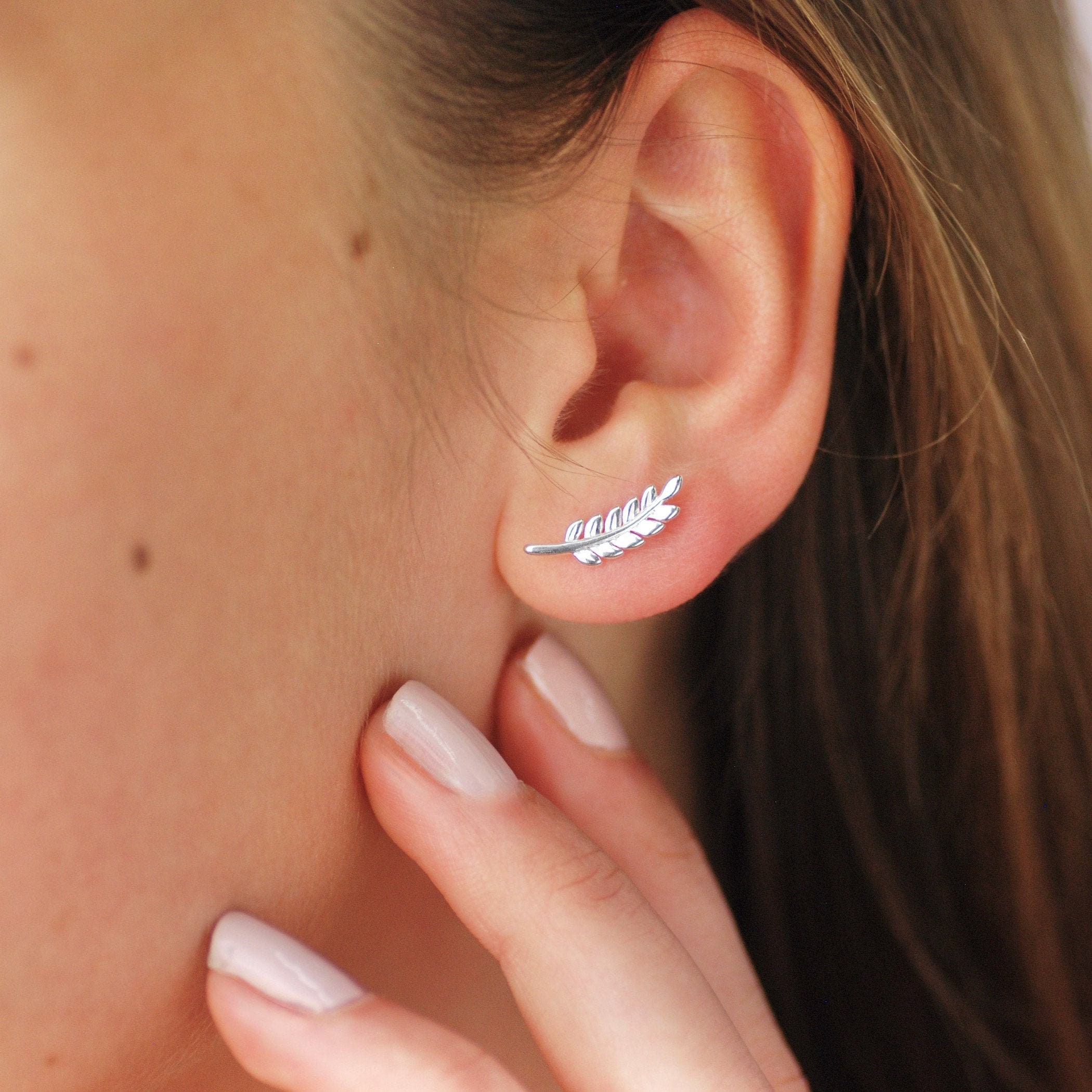 Silver Leaf Climber Earrings Fern Leaf Ear Stud Leaf Ear Crawler
