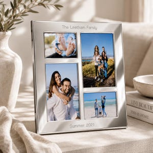 May include: A silver-coloured multi-photo frame with four rectangular openings. The top of the frame reads "The Leetham Family" and the bottom reads "Summer 2021". The frame holds four family photos.