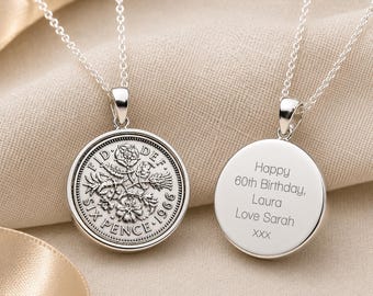 Personalised 1966 Sixpence Necklace - Engraved 60th Birthday Gift - Lucky Token