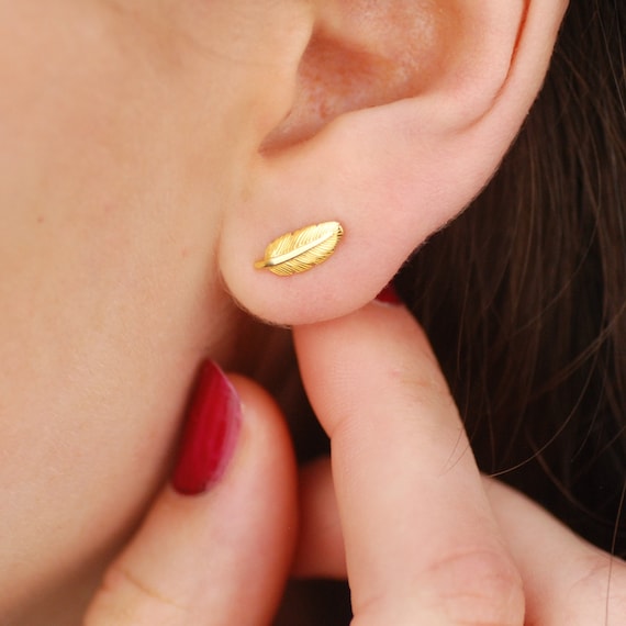 Handcrafted Gold Feather Stud Earrings Mini Earrings Gift for