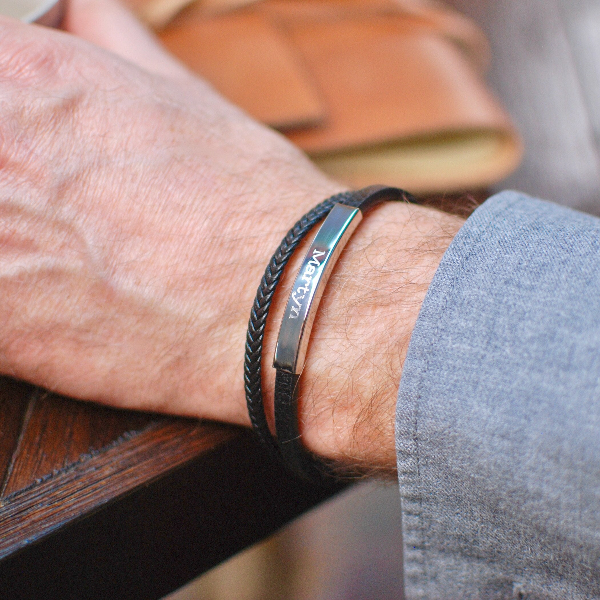 Bracciale Da Uomo In Pelle Di Serpente Nera Intrecciata, Acciaio Inox, Stile Surfer
