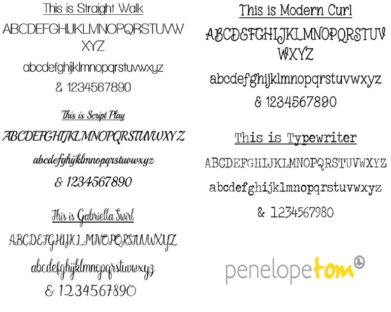 Font choices for engraving on the personalised tie clip.
