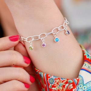 Sterling Silver Family Birthstone Charm Bracelet, Personalised Silver Charm Bracelet, Custom Chain Link Bracelet,Birthstone Bracelet for Mum