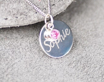 Sterling Silver Name and Birthstone Necklace, Bespoke Pendant with Engraved Name and Birthstone, Custom Silver Necklace, Teenage  Girl Gift