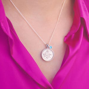 Personalised 1965 Sixpence and Birthstone Necklace, Silver Lucky Coin Pendant, 60th Birthday Gift, Engraved Keepsake Birthstone Jewellery