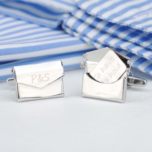 Gemelos con carta de amor personalizada, gemelos con letra y sobre de plata, gemelos con mensaje secreto personalizado, regalo para el novio, regalo para el día del padre